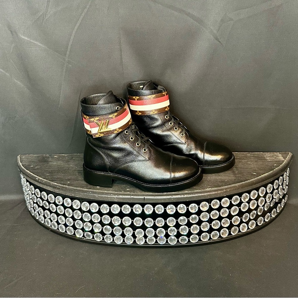Louis Vuitton Black Boots with Red and White Accents